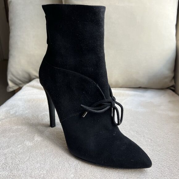Giorgio Armani Black Suede Stiletto Heel Boots Women EU 38 US 7.5 Tie Pointy Toe - Picture 3 of 16